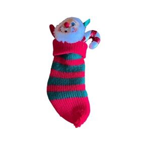 Christmas Vintage Santa Stocking Dakin Ornament Red Green White Stripes Fabric